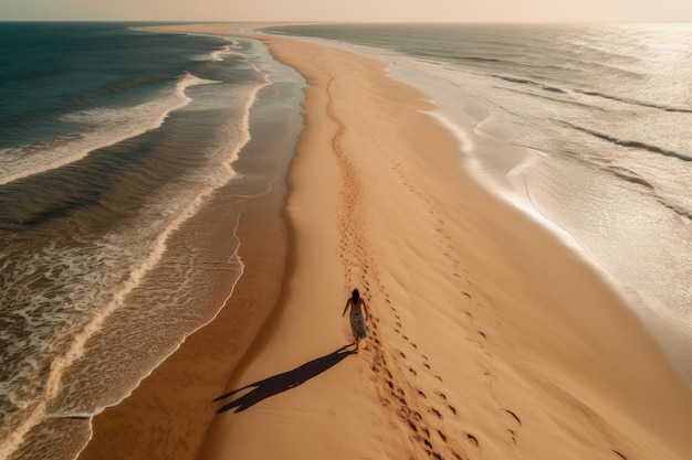 Mujer caminando sobre dunas de arena de una playa sola