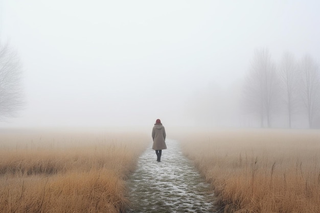 Mujer caminando sola en la vista trasera del campo de invierno brumoso