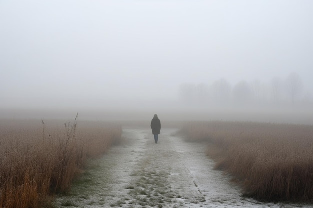 Mujer caminando sola en la vista trasera del campo de invierno brumoso