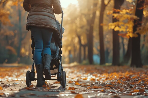 Mujer caminando con su cochecito y bebé en un parque en un día de otoño