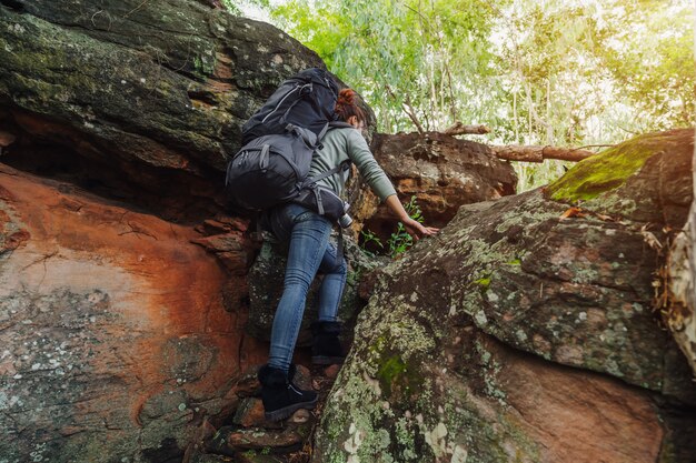 Mujer caminante subiendo en bosque