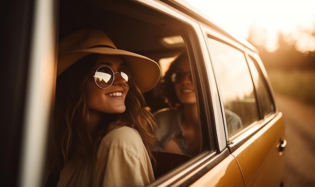 Una mujer en un camión amarillo con sombrero y gafas de sol se sienta en un camión.