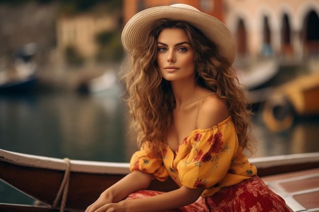 Una mujer con una camisa amarilla y una falda roja se sienta en un barco con un sombrero.