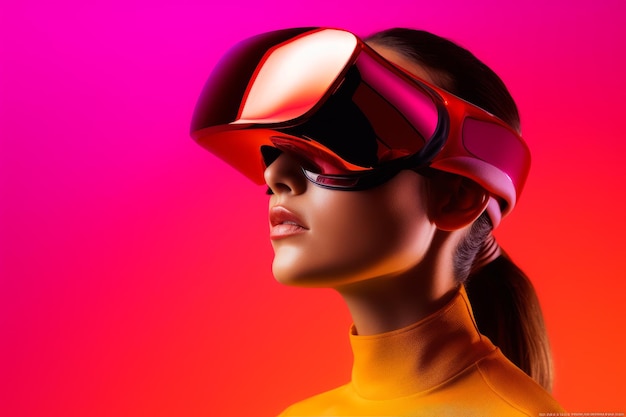 Mujer con camisa amarilla y gafas rojas en la cabeza IA generativa