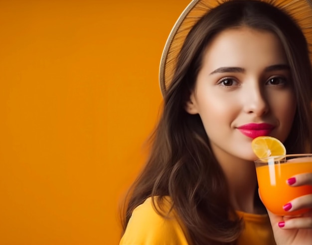 Una mujer con una camisa amarilla sostiene un vaso de jugo de naranja.