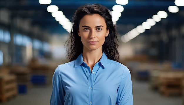 Mujer con camisa azul en una fábrica o granja 8 de marzo Día Mundial de la Mujer