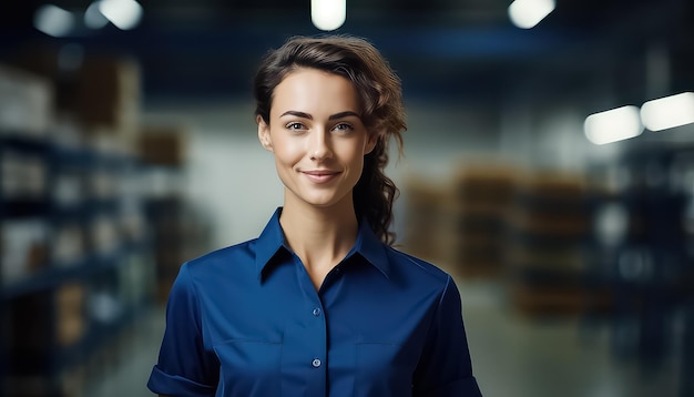 Mujer con camisa azul en una fábrica o granja 8 de marzo Día Mundial de la Mujer