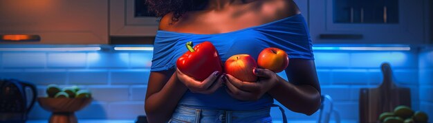 Una mujer con una camisa azul fuera del hombro y vaqueros sostiene un pimienta roja y dos manzanas en sus manos