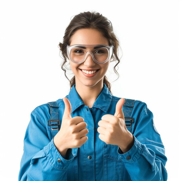 Foto una mujer con una camisa azul y gafas de protección dando un pulgar hacia arriba