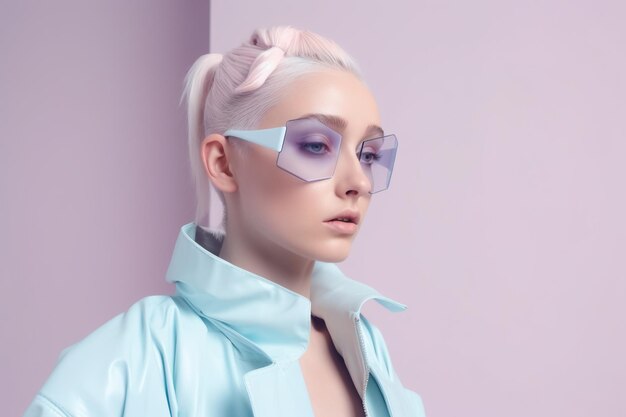 Una mujer con camisa azul y lentes rosas.