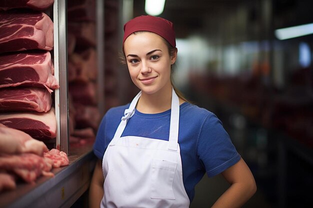 una mujer con una camisa azul de pie frente a una exhibición de carne