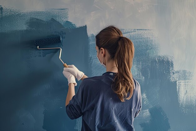 Foto una mujer con una camisa azul está pintando una pared con un pincel