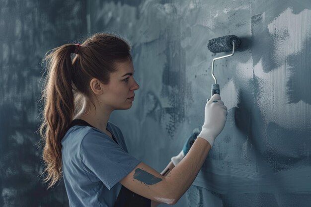 Foto una mujer con una camisa azul está pintando una pared con un rodillo de pintura