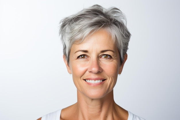 una mujer con una camisa blanca y cabello gris