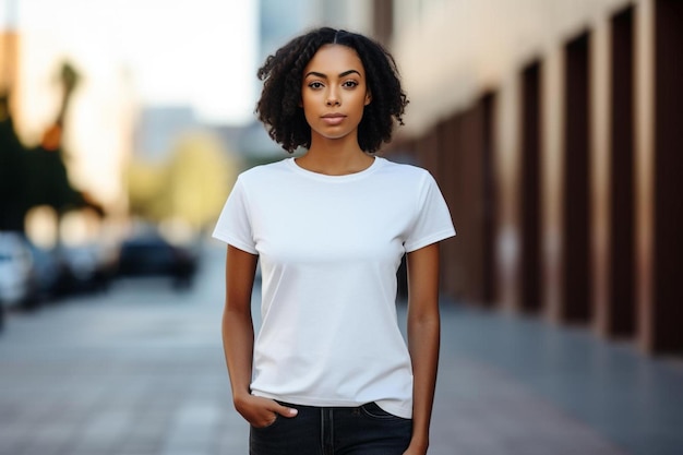 una mujer con camisa blanca camina por una calle.