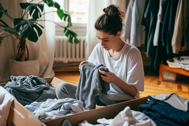 Una mujer con una camisa blanca doblando ropa en una caja IA generativa