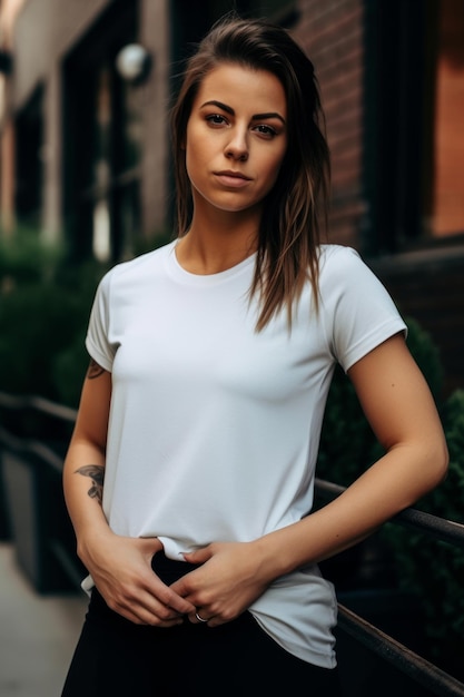 Una mujer con una camisa blanca se encuentra en un banco frente a un edificio.