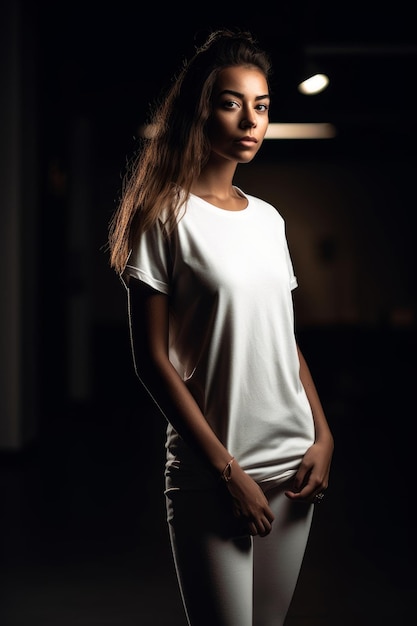 Una mujer con una camisa blanca se encuentra en una habitación oscura.