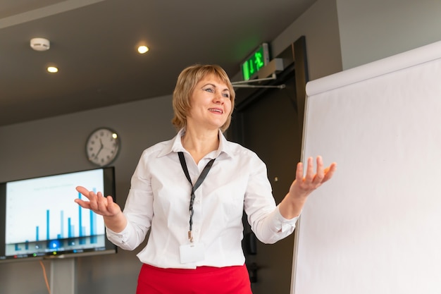 Una mujer con una camisa blanca está entrenando a los oyentes en la sala de negocios.