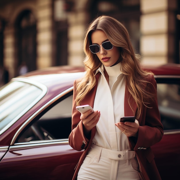 una mujer con una camisa blanca está mirando un teléfono y un coche