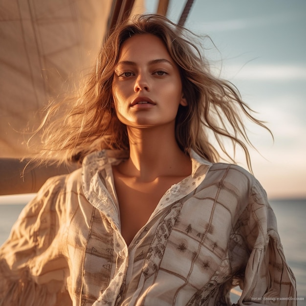 una mujer con una camisa blanca está parada en un barco con el sol detrás de ella.