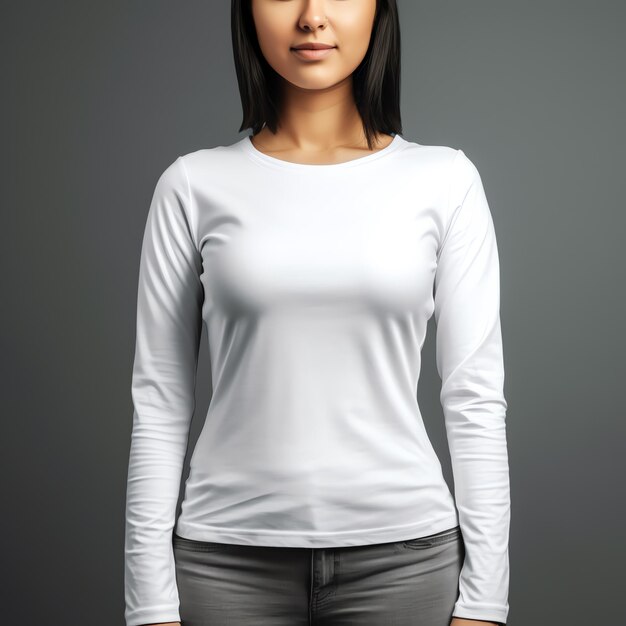 Una mujer con una camisa blanca está parada frente a un fondo gris.