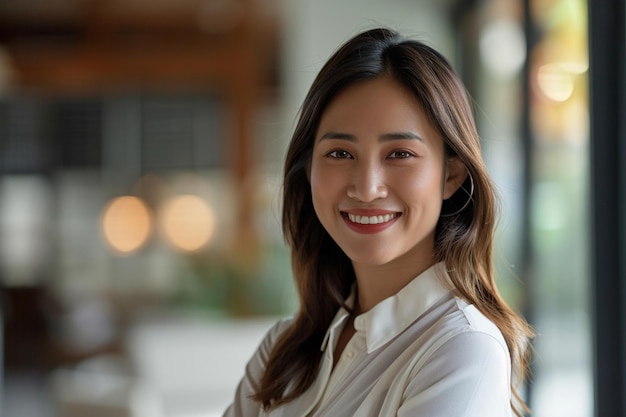 una mujer con una camisa blanca está sonriendo para la cámara