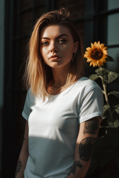 Una mujer con una camisa blanca se para frente a un girasol.