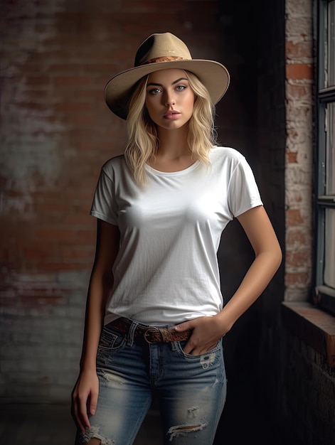 una mujer con una camisa blanca se para frente a una ventana con un sombrero en la cabeza.