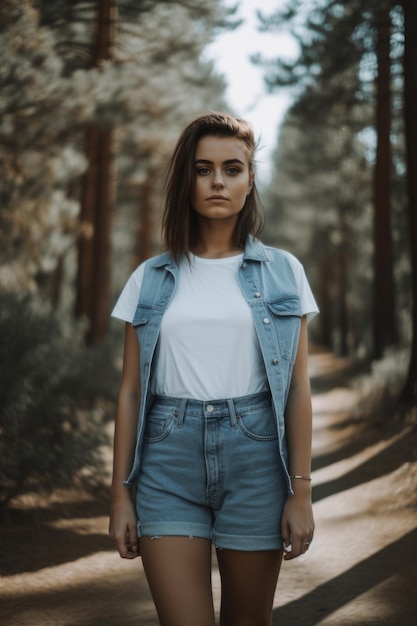 Una mujer con una camisa blanca y jeans azules se encuentra en un bosque.