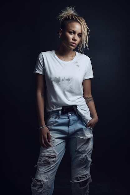 Una mujer con una camisa blanca y jeans azules se para frente a un fondo negro.