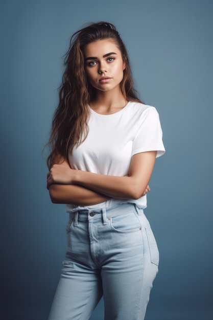 Una mujer con una camisa blanca y jeans se para contra una pared azul.