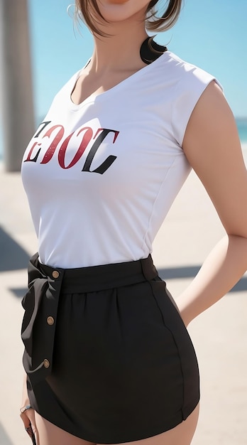 Una mujer con una camisa blanca con las letras hp