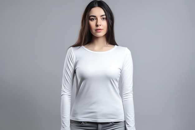 Una mujer con una camisa blanca de manga larga se alza contra un fondo gris