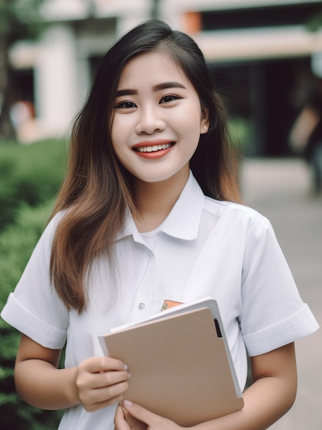 Una mujer con una camisa blanca con la palabra universidad.