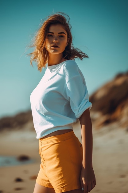 Una mujer con una camisa blanca y pantalones amarillos se encuentra en una playa.