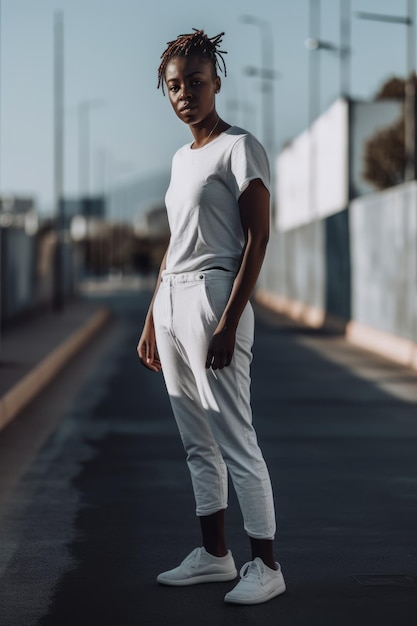 Una mujer con una camisa blanca y pantalones blancos se para en una calle.