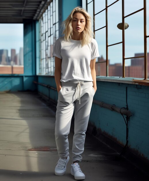 Una mujer con una camisa blanca y pantalones blancos se para frente a una pared de ladrillos.