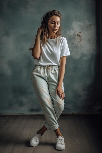 Una mujer con una camisa blanca y pantalones se para frente a una pared con una pared sucia detrás de ella.