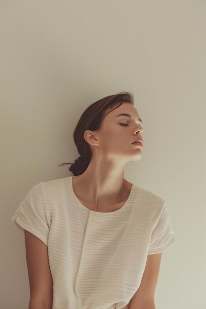 Mujer con camisa blanca de pie contra la pared IA generativa