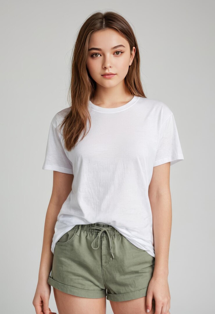 una mujer con una camisa blanca de pie frente a un fondo gris