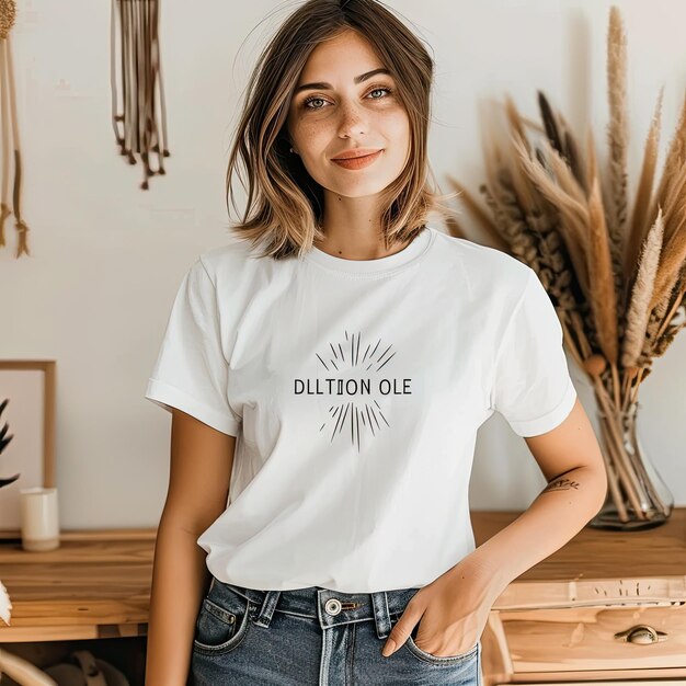 una mujer con una camisa blanca que dice gluten en ella