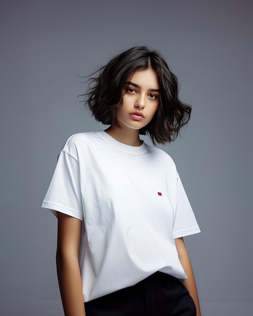 una mujer con una camisa blanca que dice un logotipo rojo en él