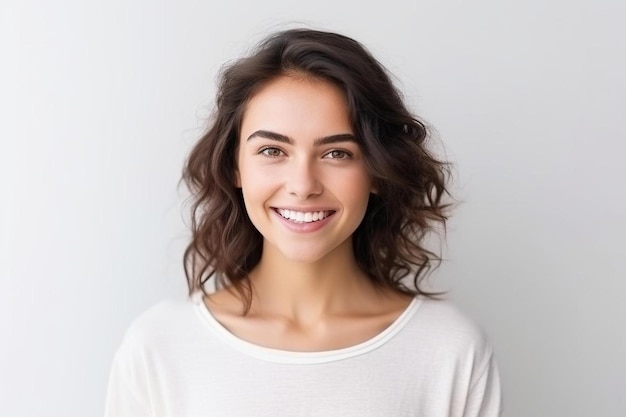 una mujer con una camisa blanca que dice que está sonriendo