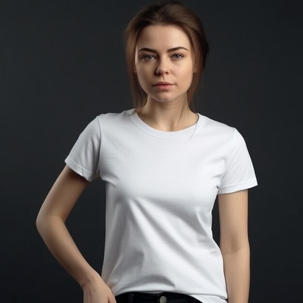 Una mujer con una camisa blanca que dice 't - shirt' on it