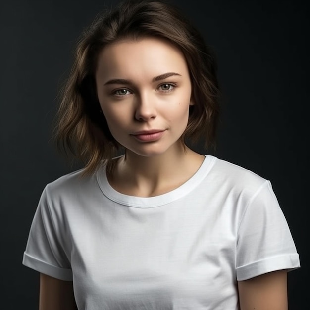 Una mujer con una camisa blanca que dice