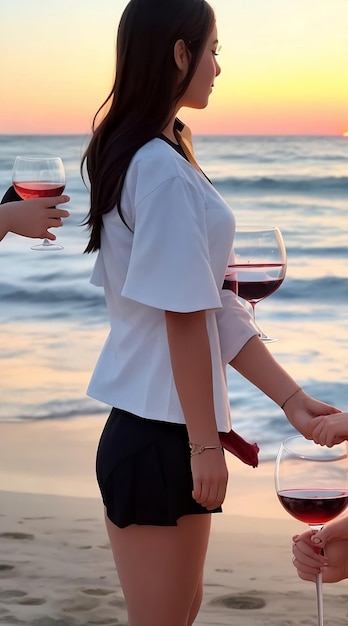 Una mujer con una camisa blanca con un vino tinto.