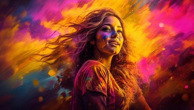 una mujer con una camisa colorida y celebrando Holi