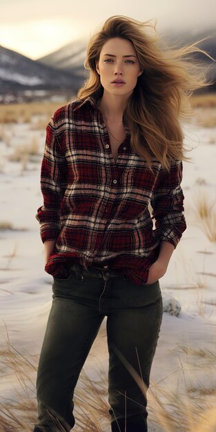 Foto una mujer con una camisa a cuadros está de pie en la nieve