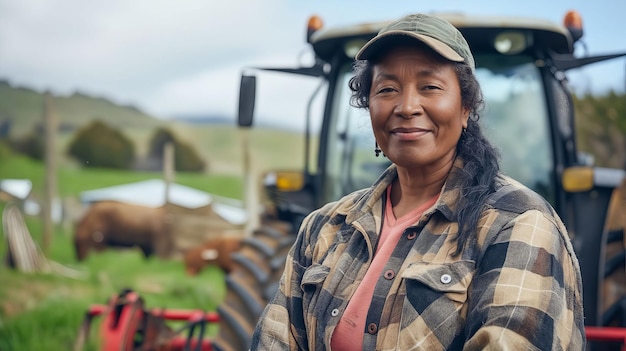 Una mujer con camisa a cuadros y sombrero de pie frente a un tractor